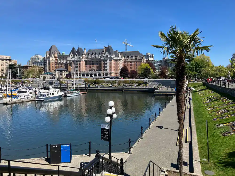 The Empress hotel and the harbour causeway with a palm in view