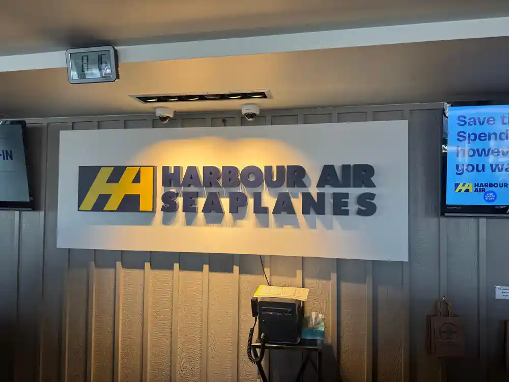 The Harbour Air Seaplanes sign inside the terminal building