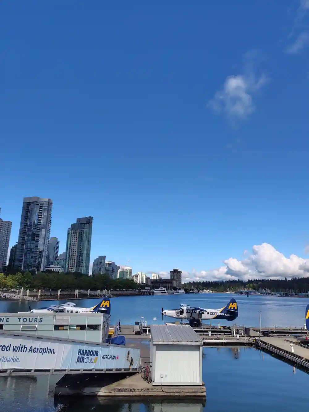 The harbour terminal and moored floatplanes below the towers