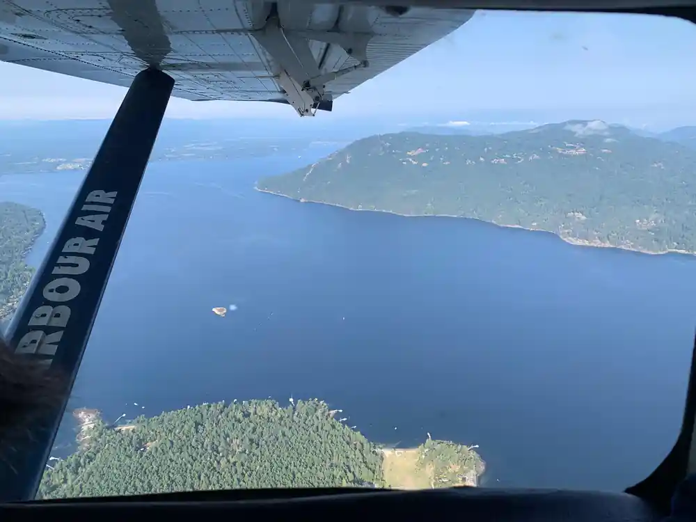 An island shoreline far below under the wing