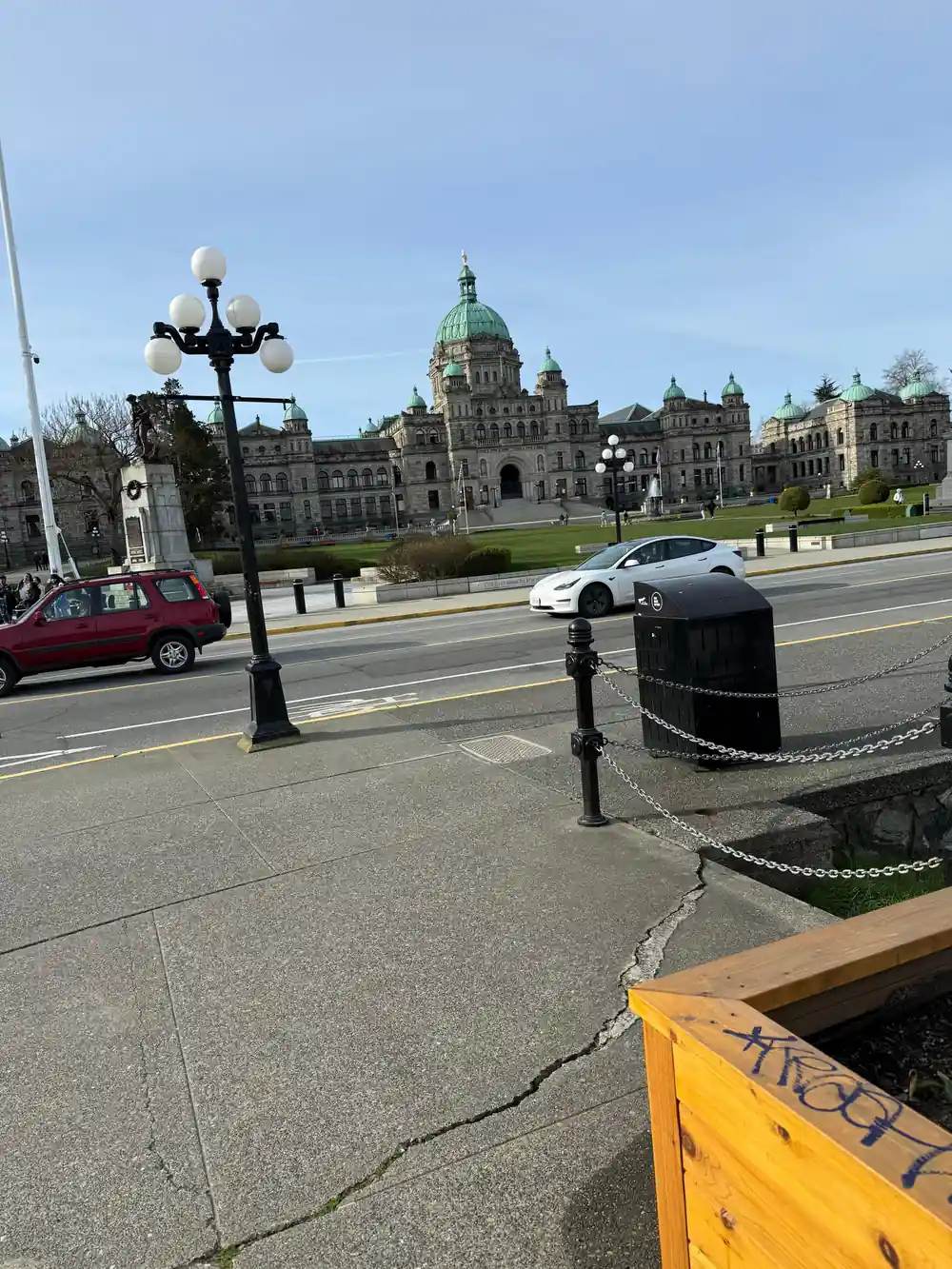 The Parliament Buildings across the road on a bright morning